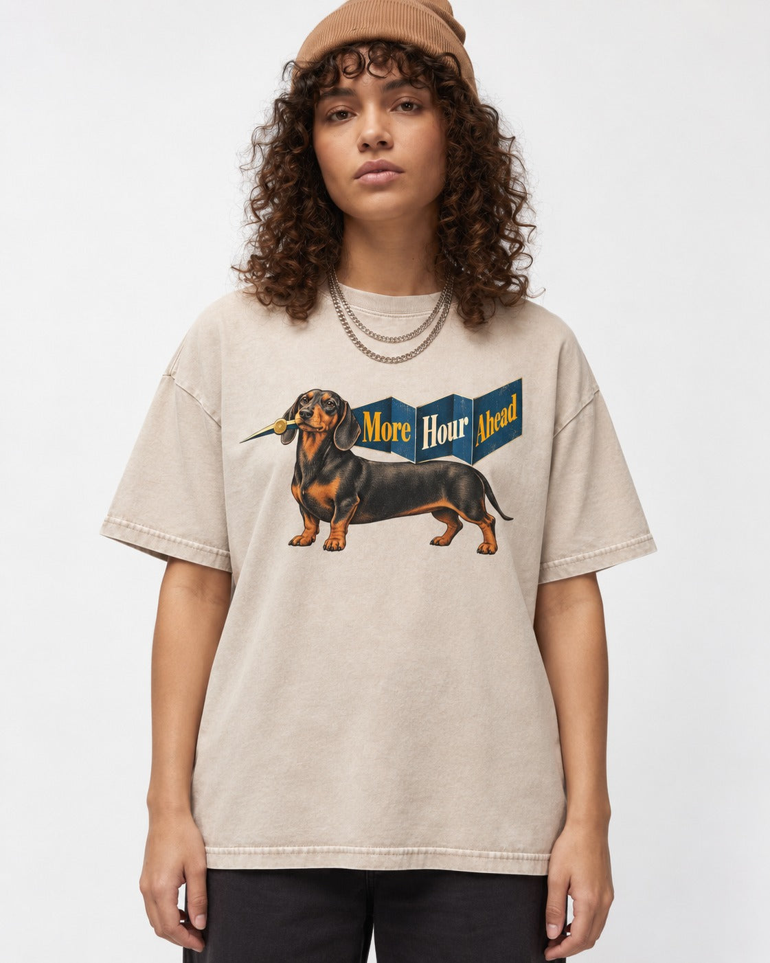 Dachshund More Hour Ahead Foldout Banner Graphic Washed Tee in Apricot, worn by a model