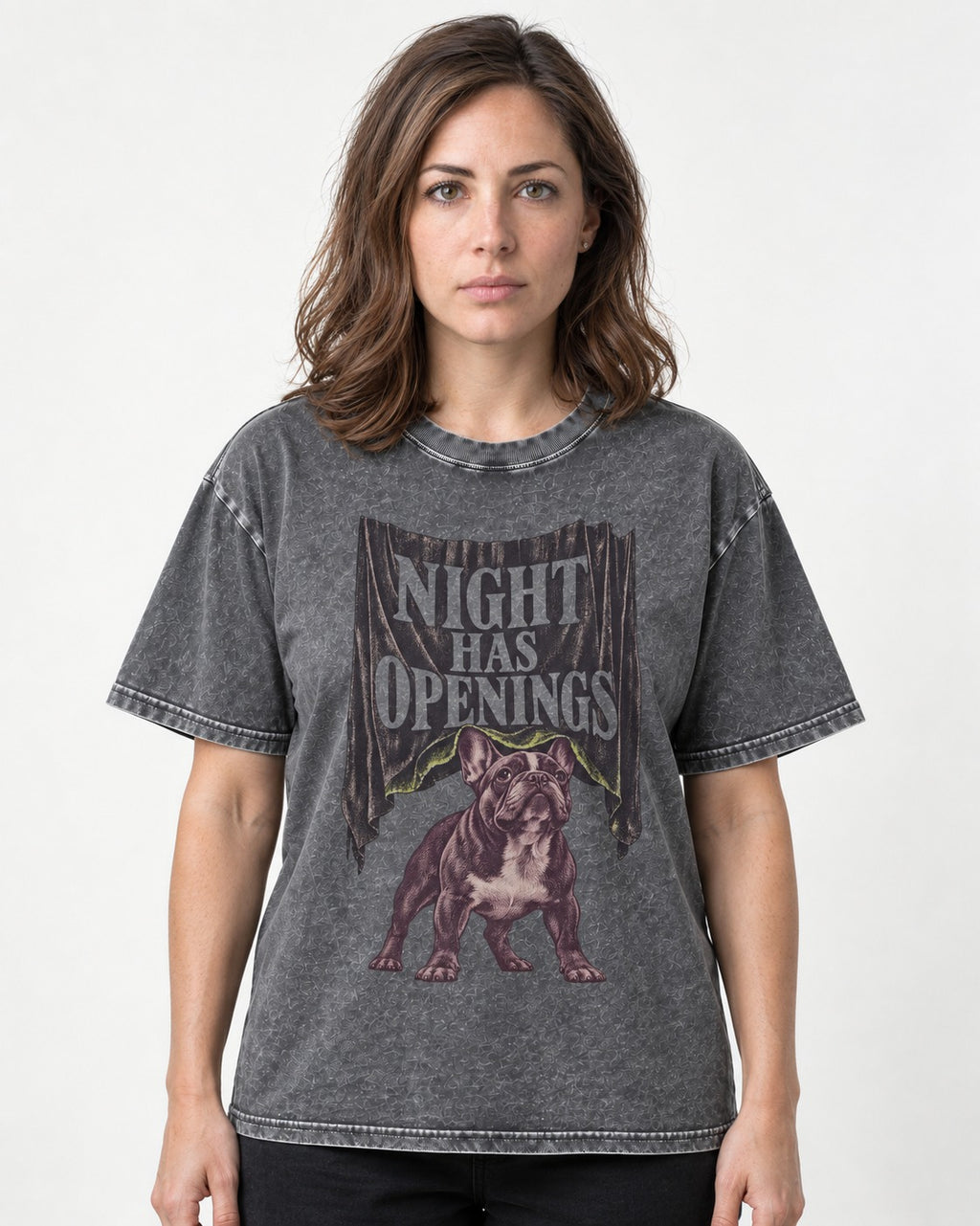 Night Has Openings Frenchie Washed Tee in Gray, worn by a model