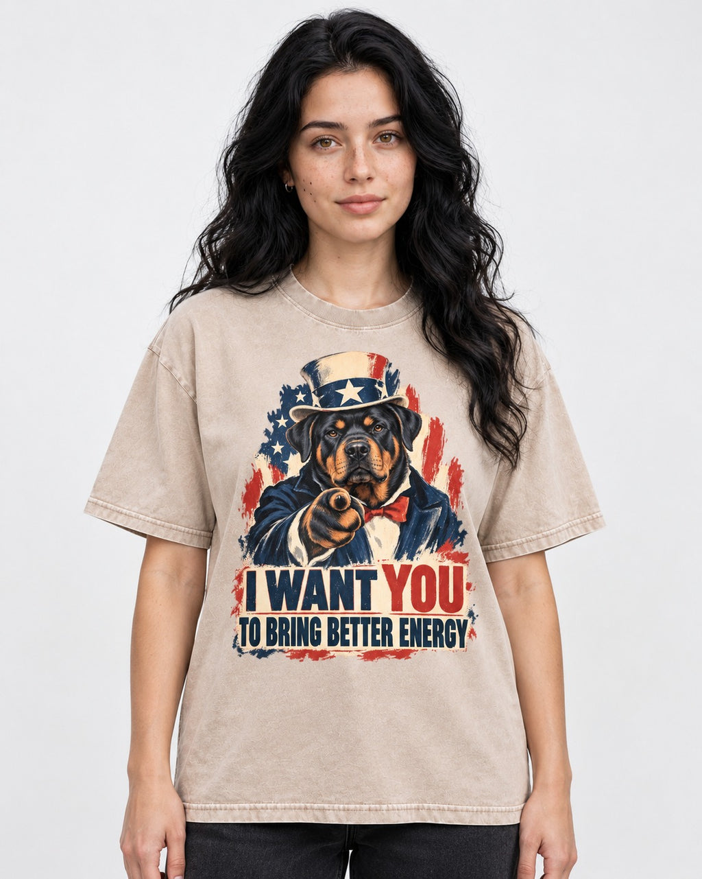 Rottweiler I Want You to Bring Better Energy Recruitment Poster Graphic Washed Tee in Apricot, worn by a model