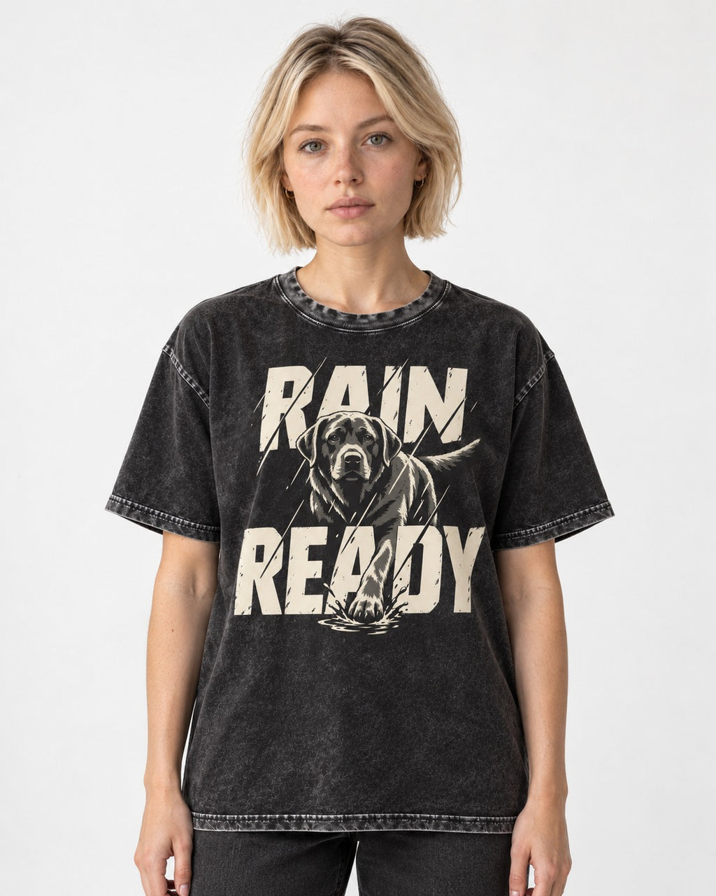 Labrador Retriever Rain Ready Charging Splash Graphic Washed Tee in Black, worn by a model