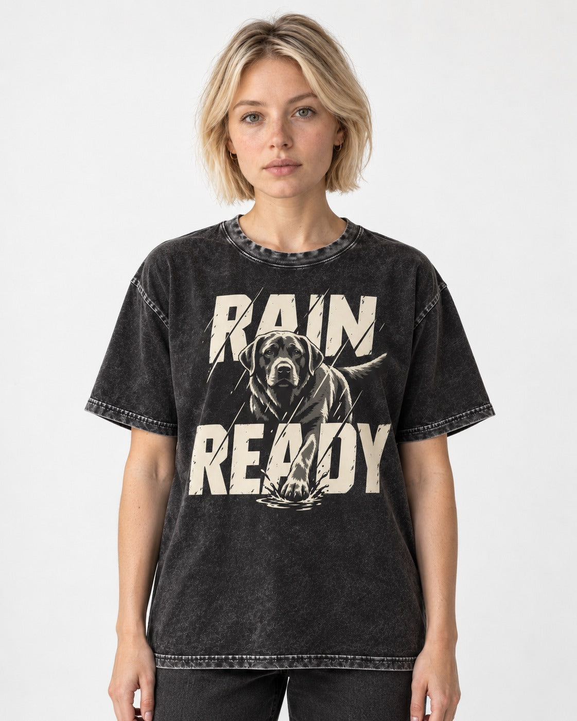 Labrador Retriever Rain Ready Charging Splash Graphic Washed Tee in Black, worn by a model
