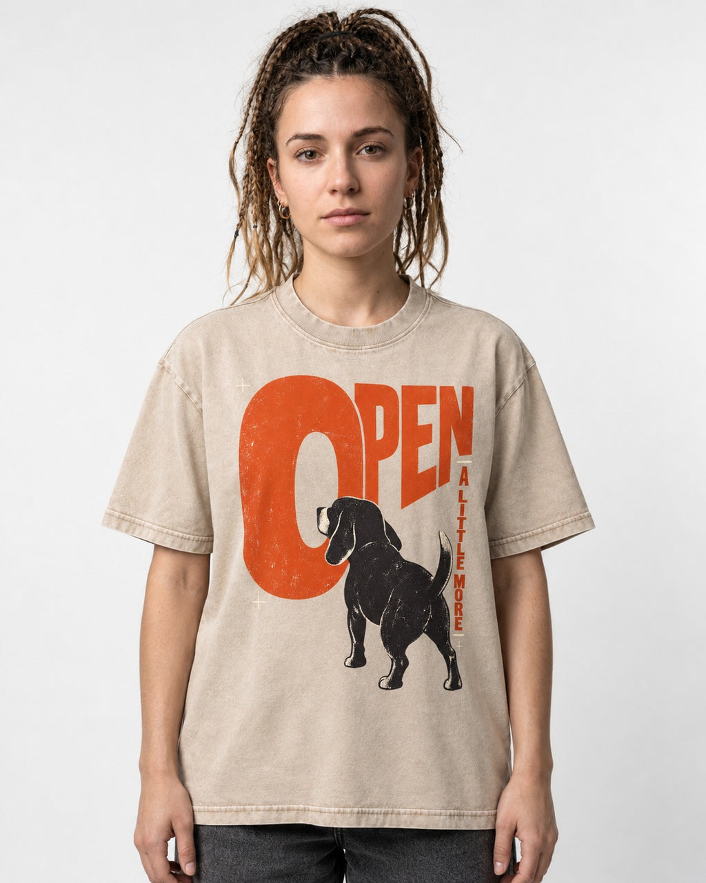 Open a Little More Beagle Washed Tee in Apricot, worn by a model