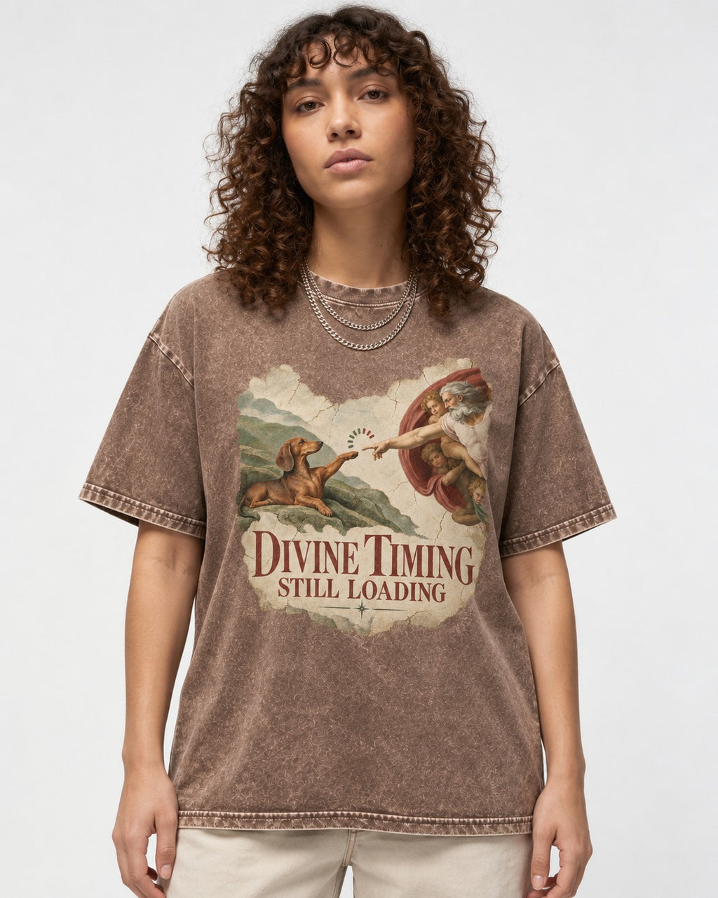 Dachshund's Divine Timing Washed Tee in Coffee, worn by a model