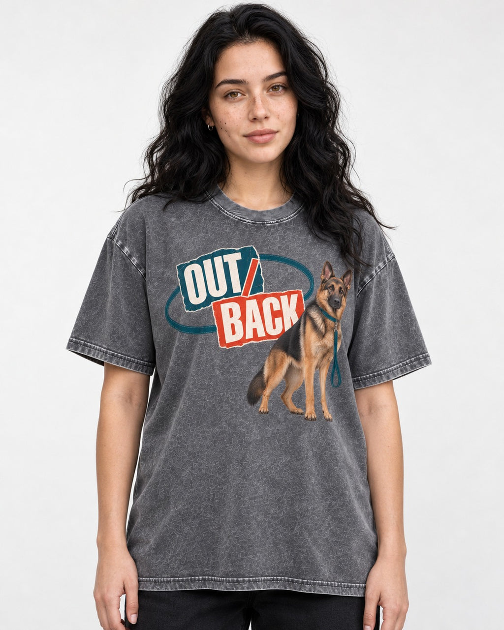 Out Back Leash German Shepherd Dog Graphic Washed Tee in Gray, worn by a model
