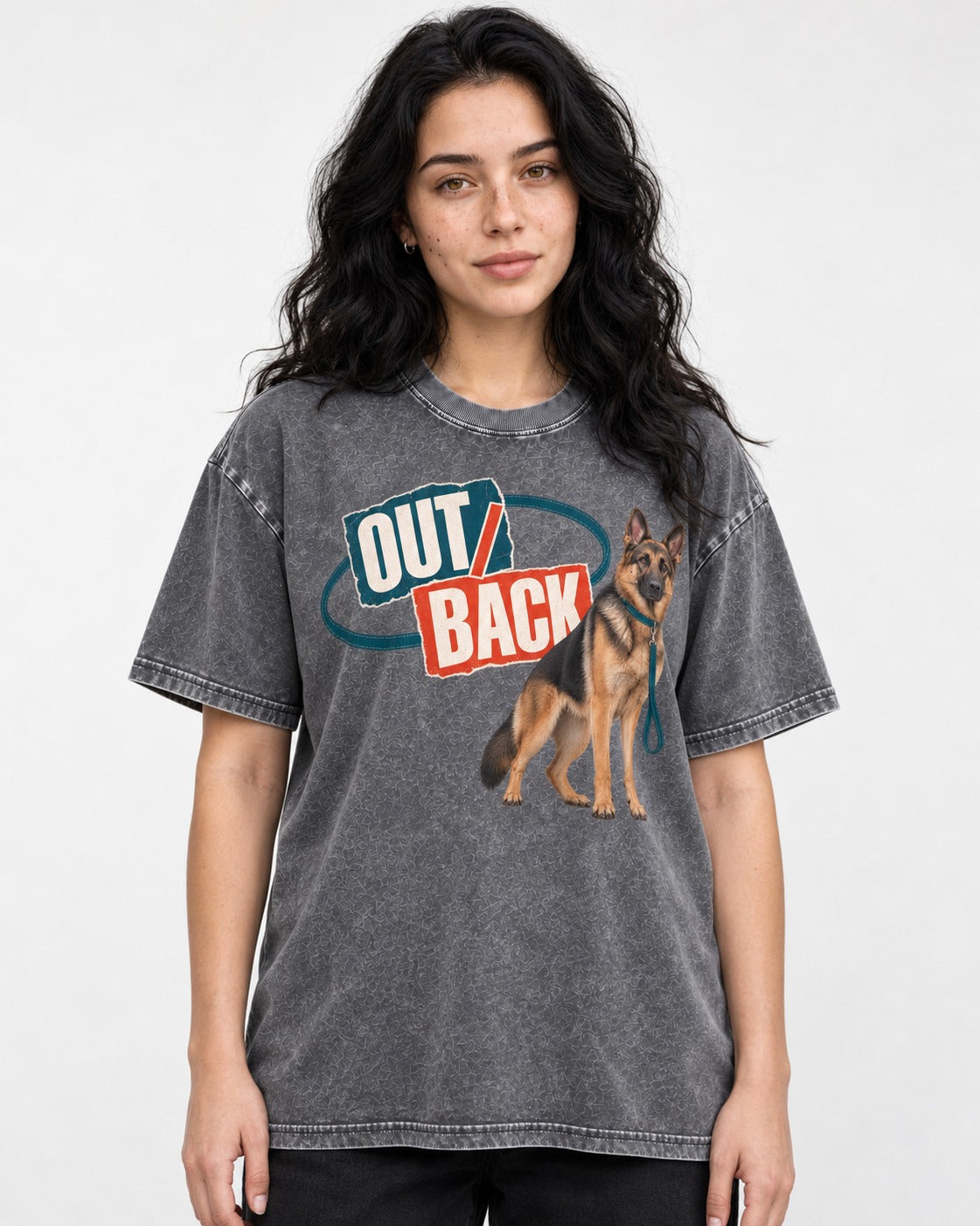 Out Back Leash German Shepherd Dog Graphic Washed Tee in Gray, worn by a model
