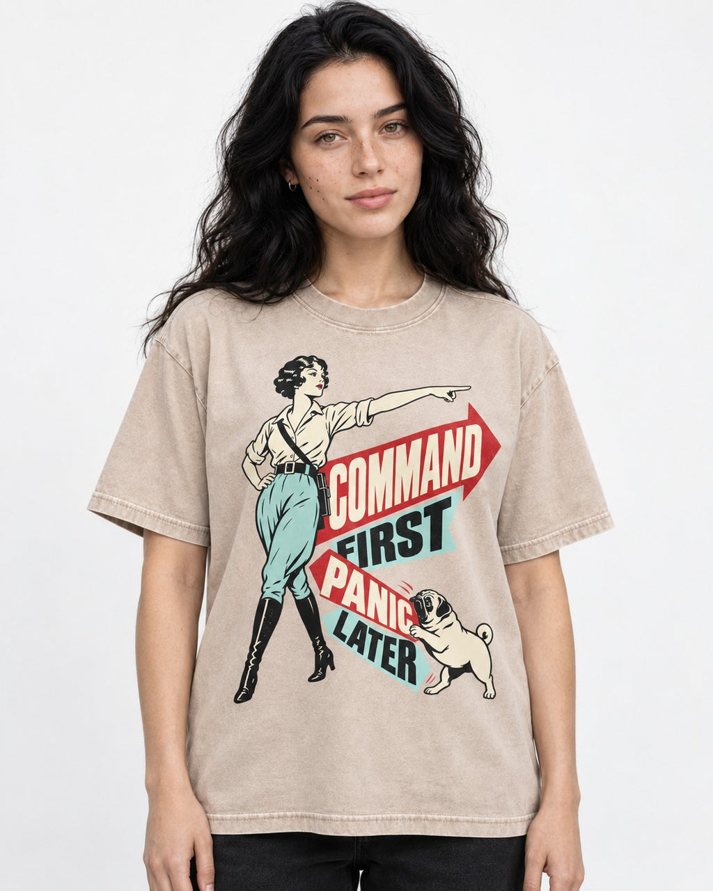 Pug Command First Panic Later Directional Graphic Washed Tee in Apricot, worn by a model