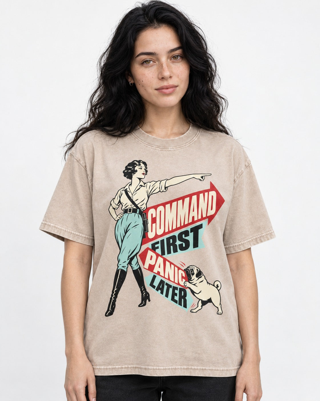 Pug Command First Panic Later Directional Graphic Washed Tee in Apricot, worn by a model