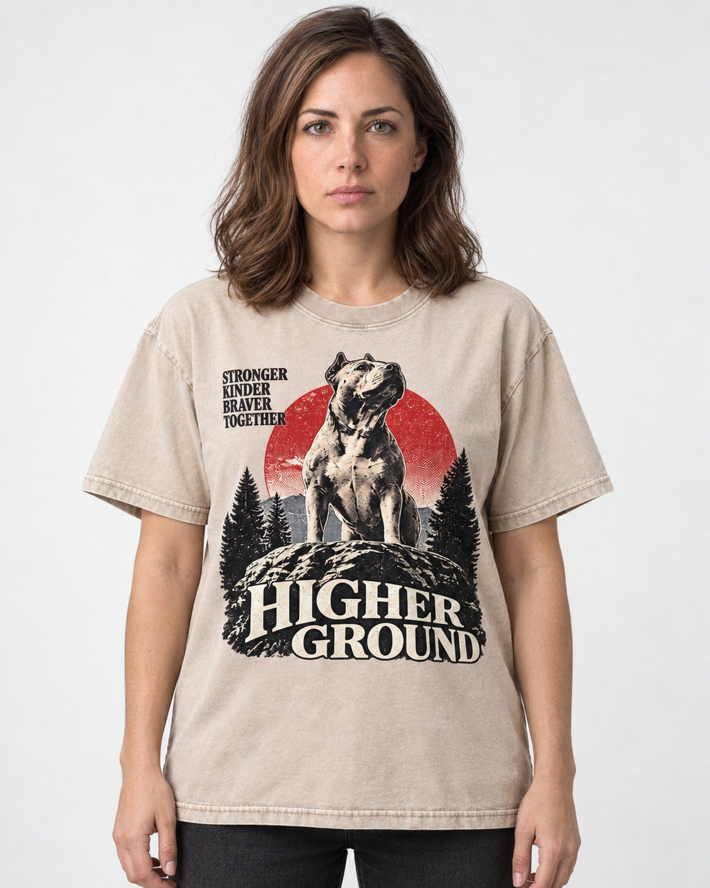 Pitbull Higher Ground Washed Tee in Apricot, worn by a model