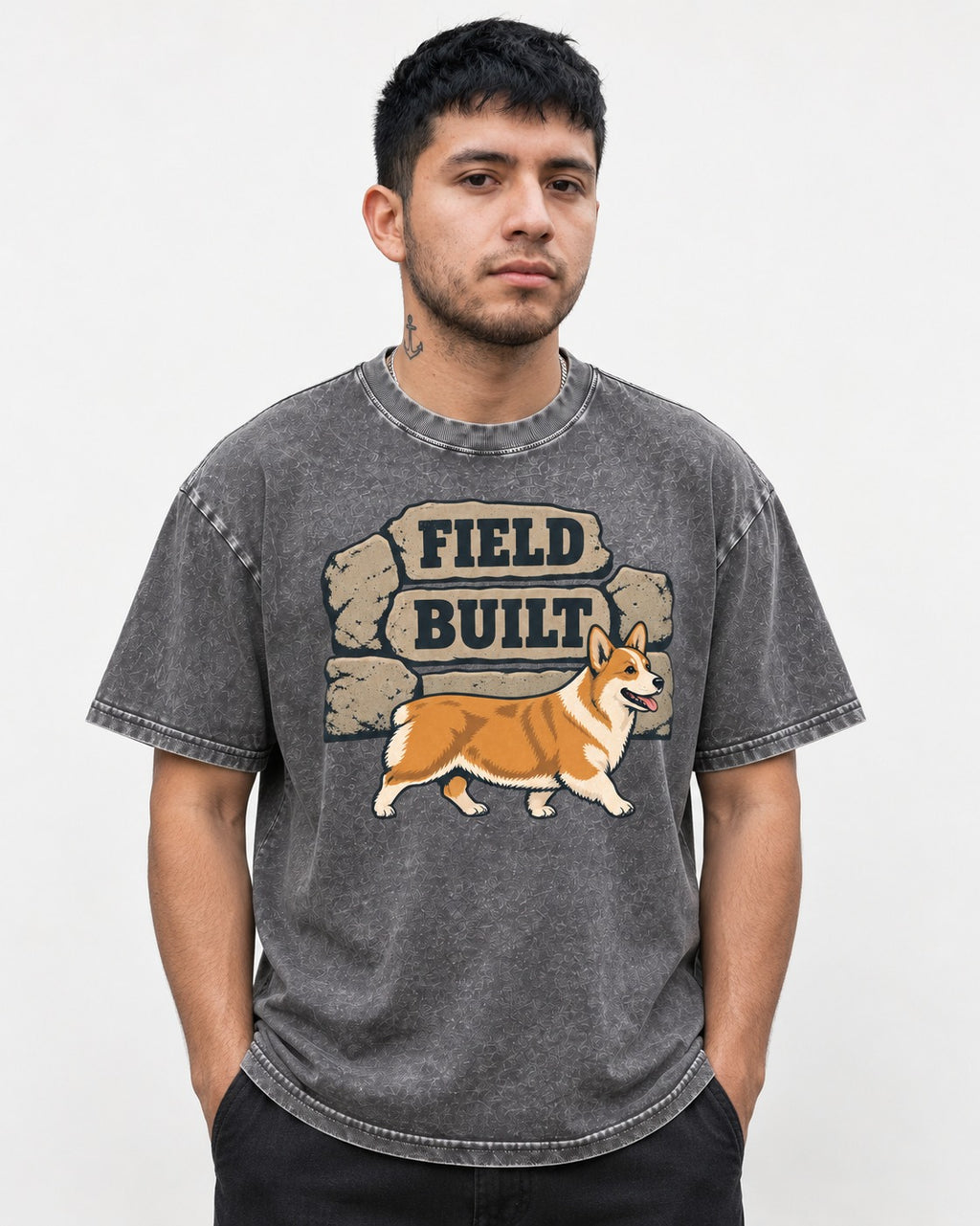 Field Built Corgi Washed Tee in Gray, worn by a model