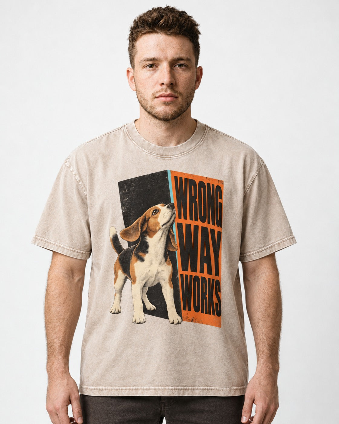 Beagle Wrong Way Works Washed Tee in Apricot, worn by a model