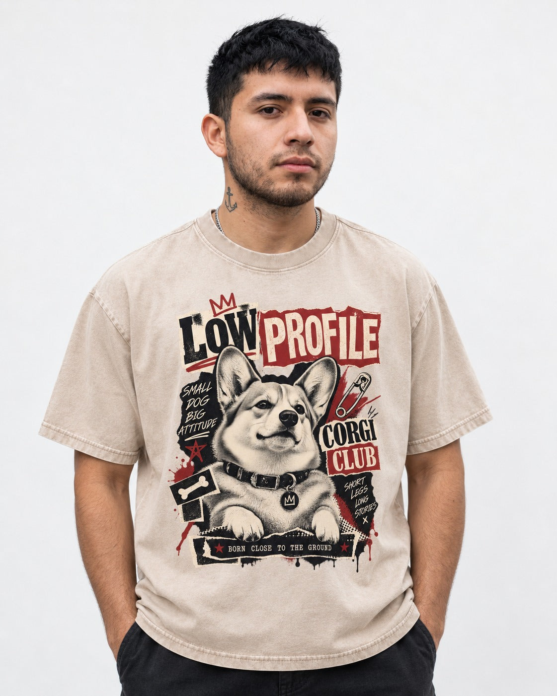 Corgi Low Profile Corgi Club Punk Collage Graphic Washed Tee in Apricot, worn by a model