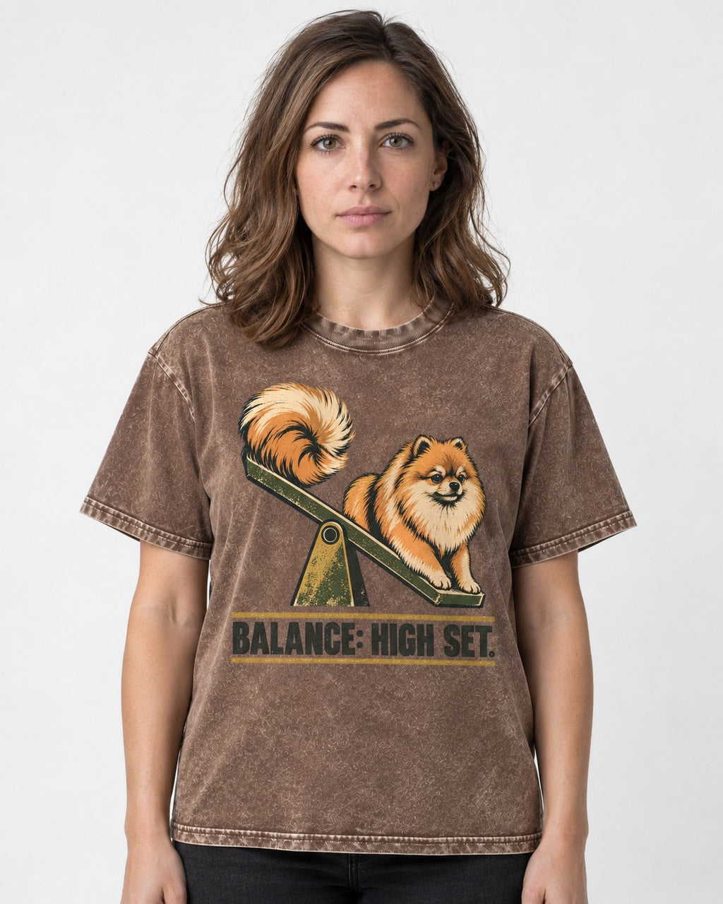 Pomeranian Balance High Set Washed Tee in Coffee, worn by a model