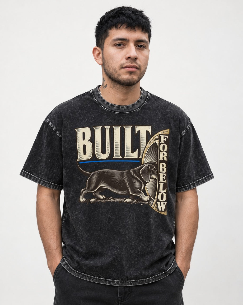 Dachshund Built for Below Vintage Burrow Graphic Washed Tee in Black, worn by a model