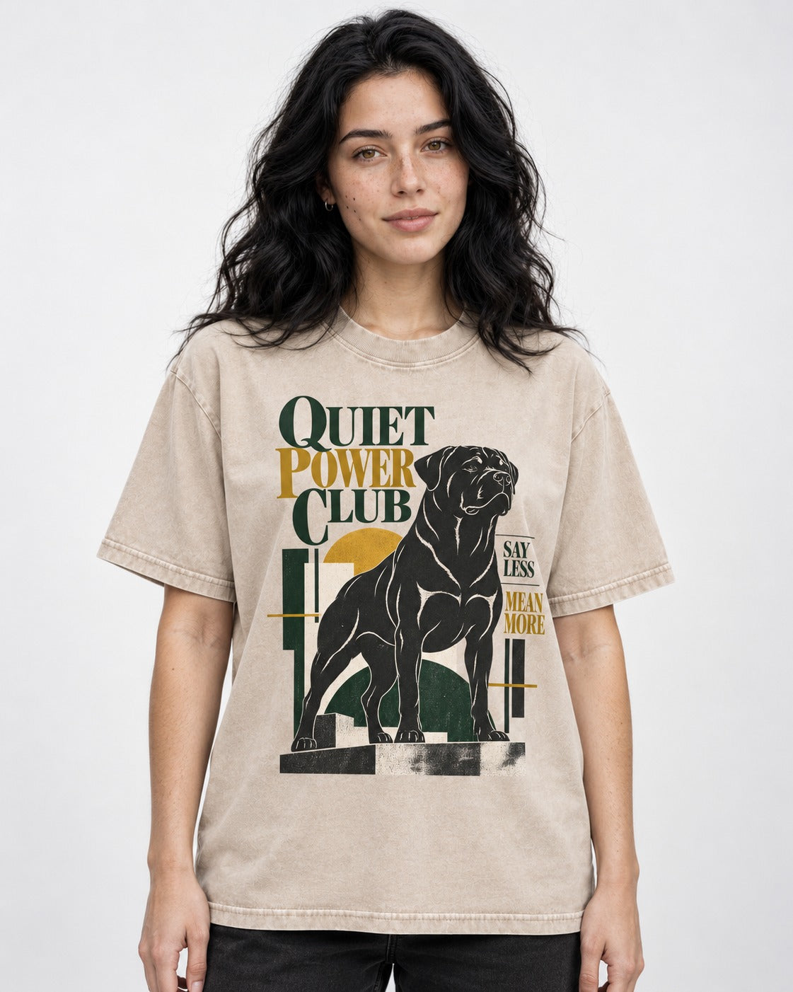 Rottweiler Quiet Power Club Washed Tee in Apricot, worn by a model