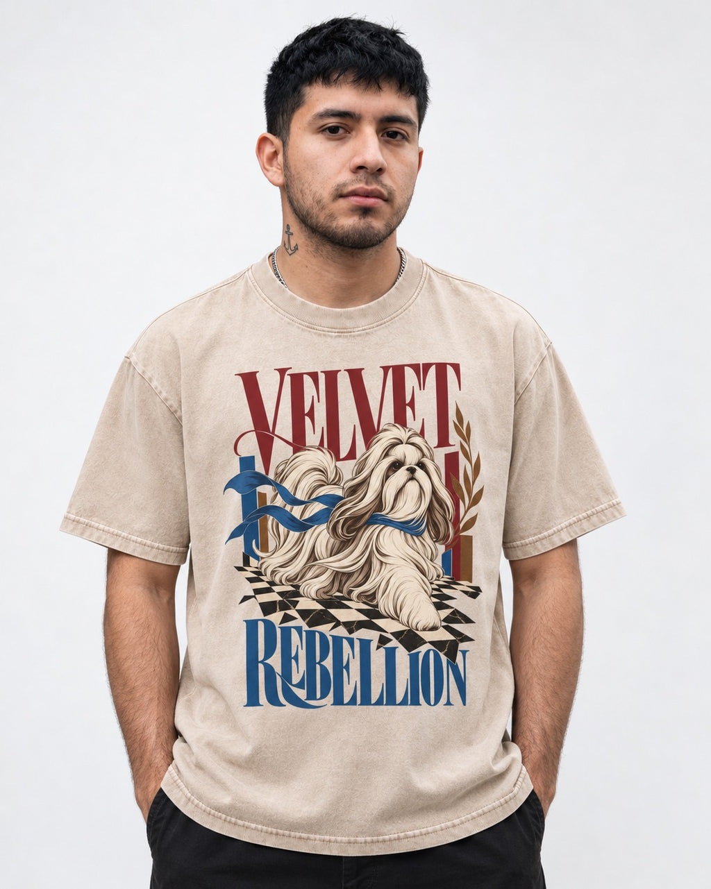 Shih Tzu Velvet Rebellion Checkerboard Graphic Washed Tee in Apricot, worn by a model
