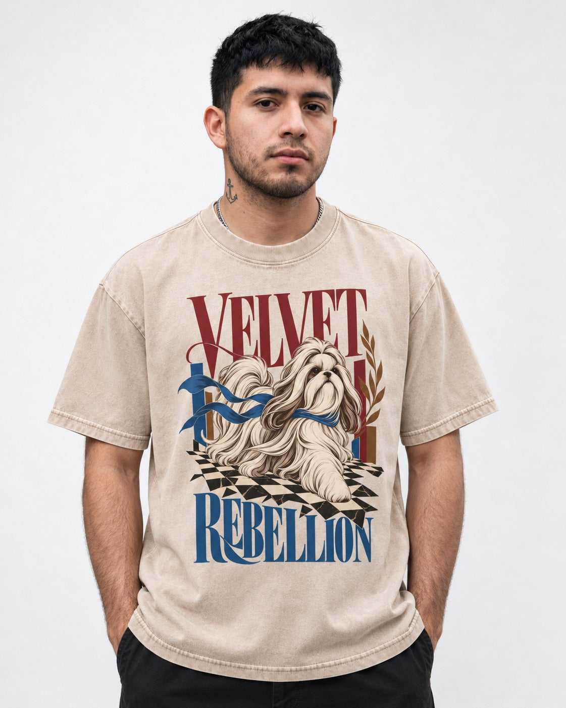 Shih Tzu Velvet Rebellion Checkerboard Graphic Washed Tee in Apricot, worn by a model
