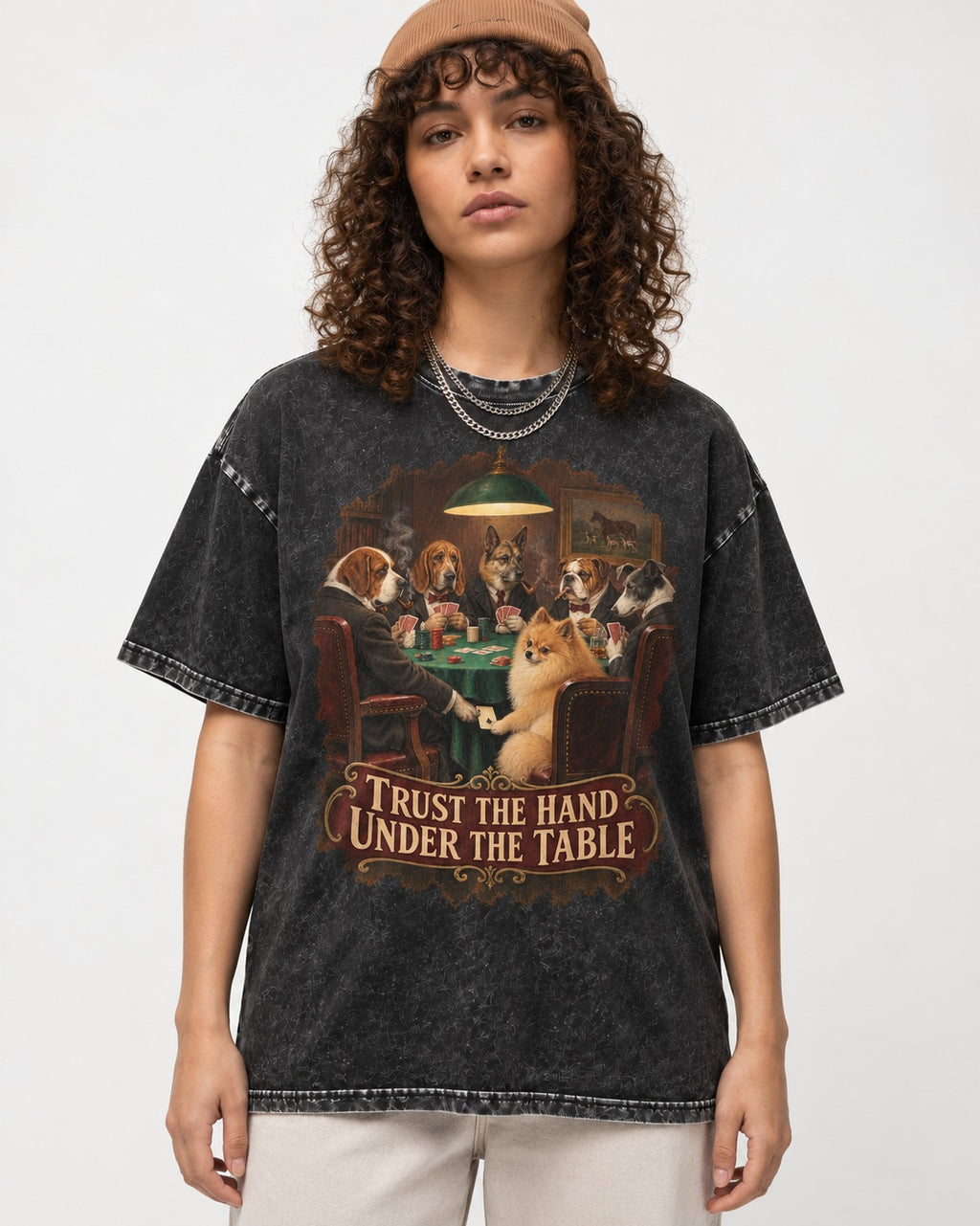 Pomeranian Trust the Hand Under the Table Poker Dogs Graphic Washed Tee in Black, worn by a model
