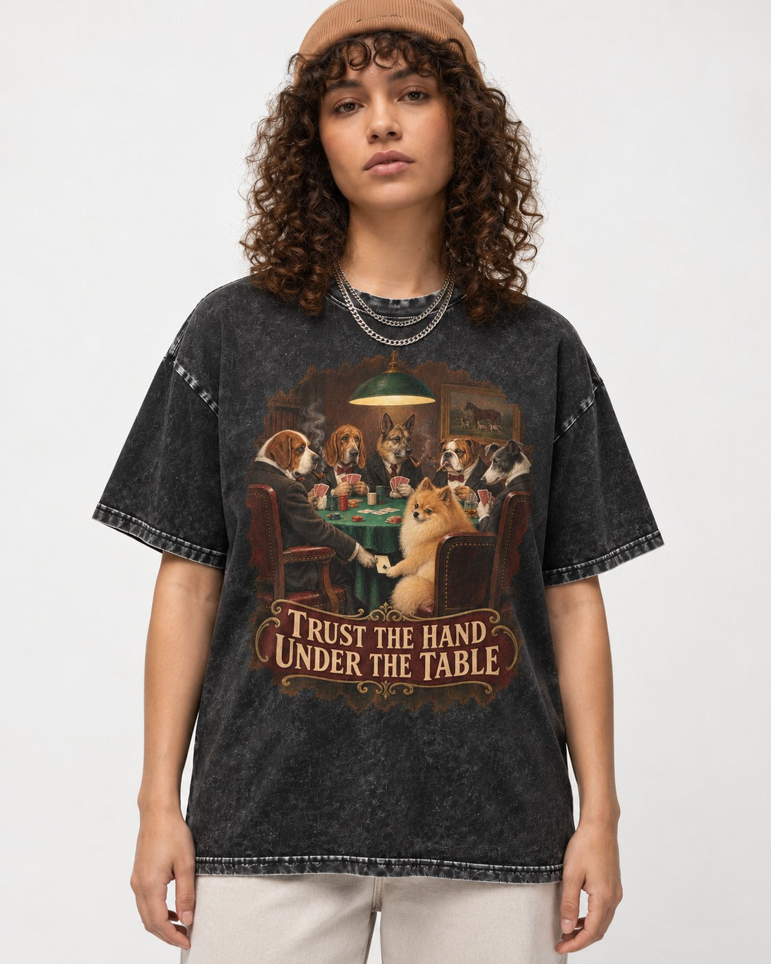 Pomeranian Trust the Hand Under the Table Poker Dogs Graphic Washed Tee in Black, worn by a model