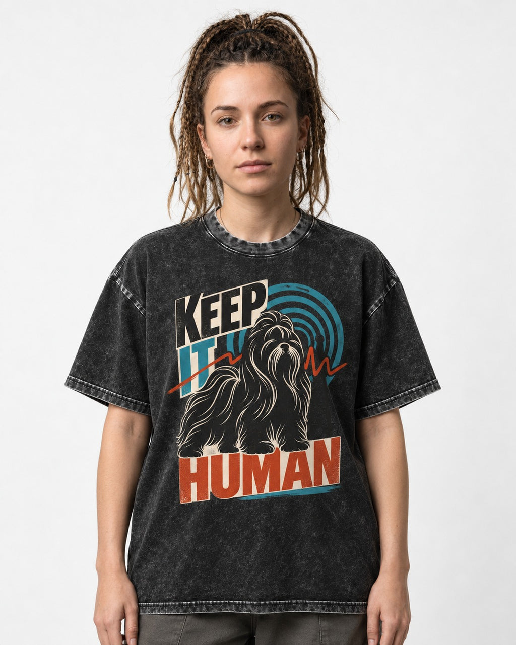 Shih Tzu Keep It Human Radio Signal Graphic Washed Tee in Black, worn by a model