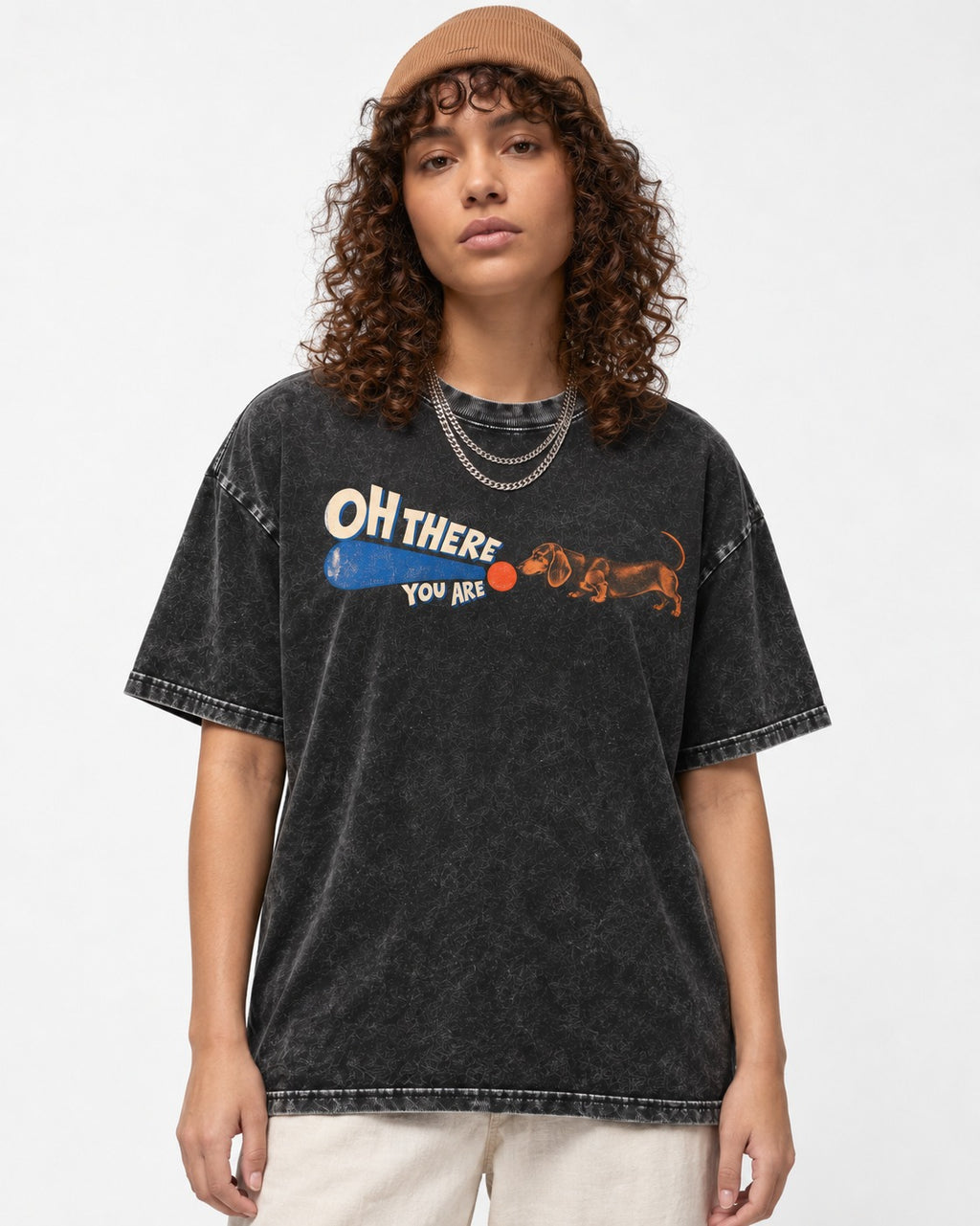 Dachshund Oh There You Are Ball Graphic Washed Tee in Black, worn by a model