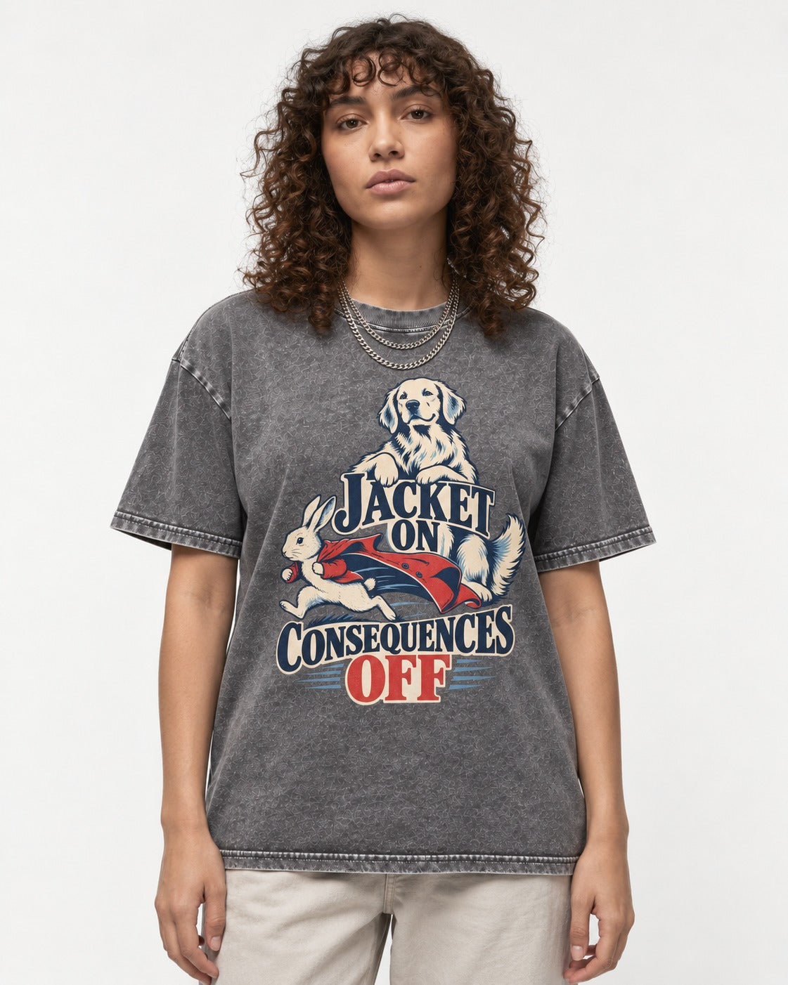 Golden Retriever Jacket On Consequences Off Rabbit Chase Graphic Washed Tee in Gray, worn by a model