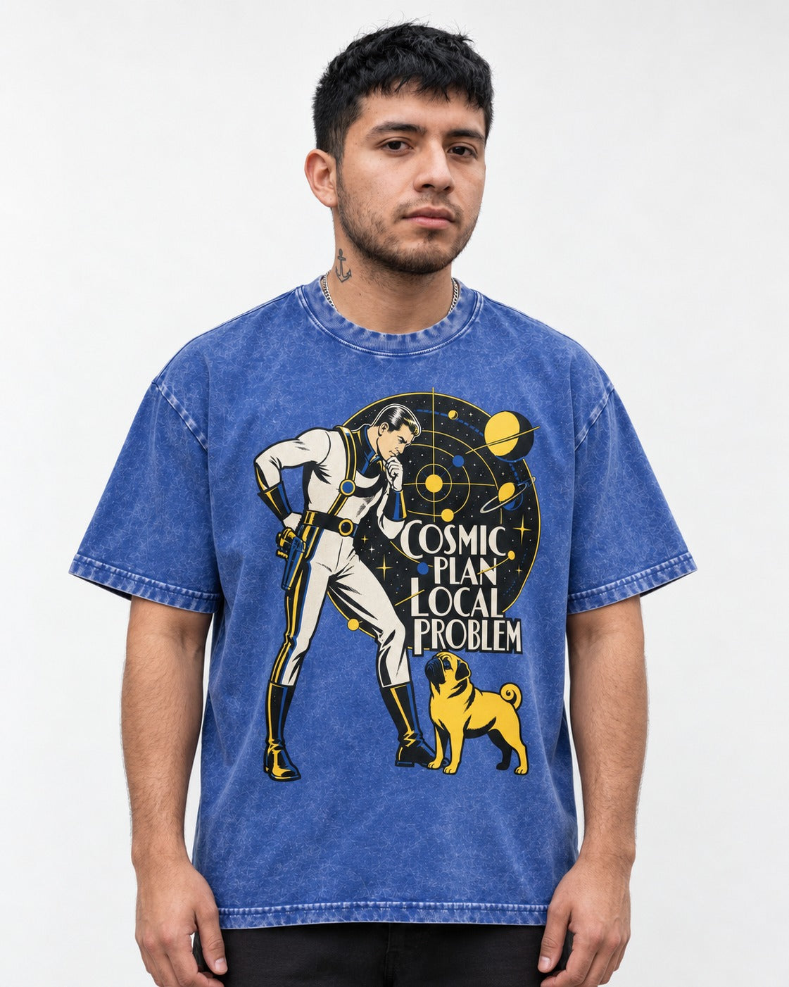 Pug Cosmic Plan Local Problem Astronaut Graphic Washed Tee in Royal Blue, worn by a model
