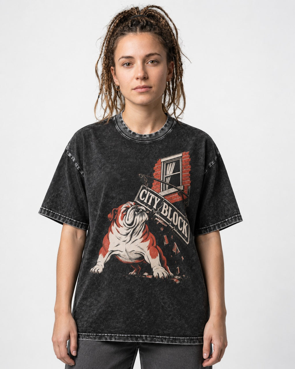 English Bulldog City Block Breaking Sign Graphic Washed Tee in Black, worn by a model