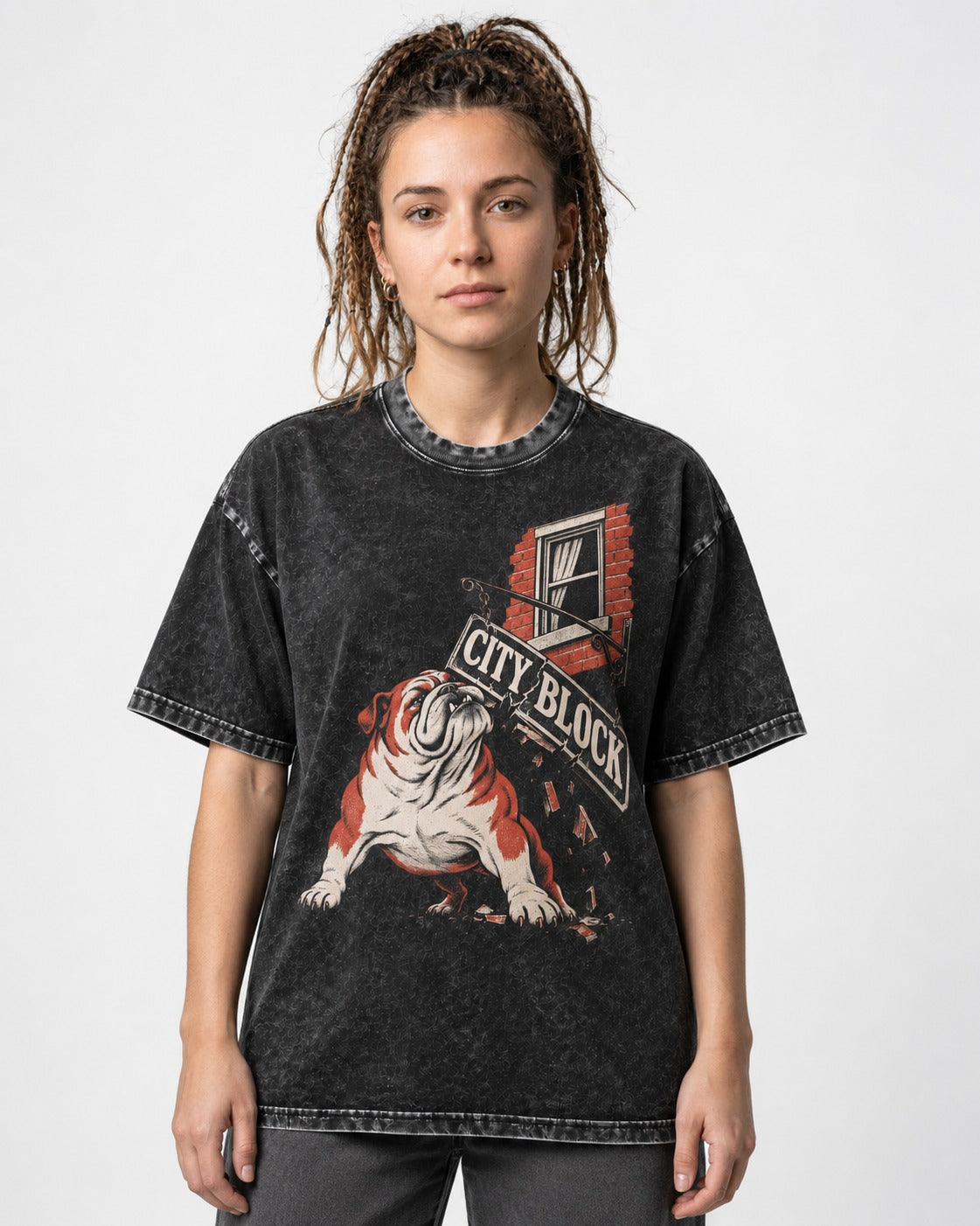 English Bulldog City Block Breaking Sign Graphic Washed Tee in Black, worn by a model