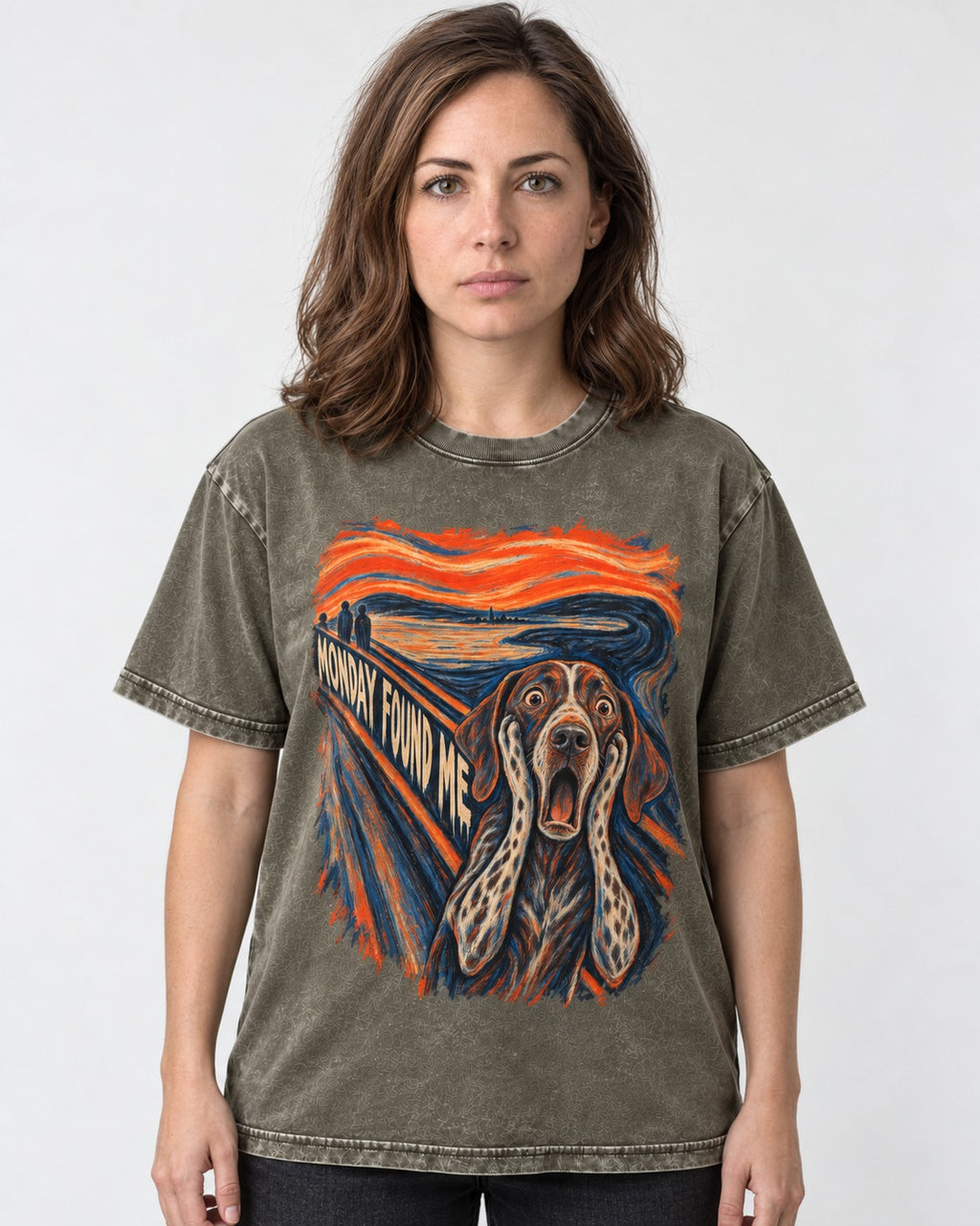 German Shorthaired Pointer Monday Found Me Scream Parody Graphic Washed Tee in Army Green, worn by a model