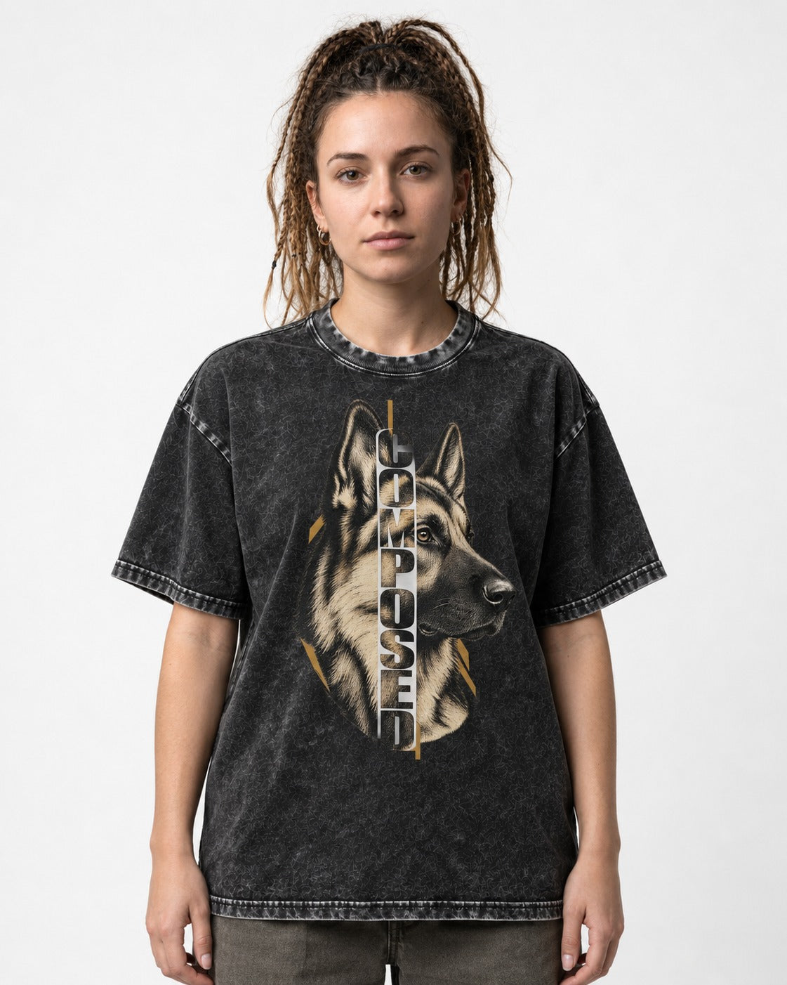 Composed Profile German Shepherd Dog Graphic Washed Tee in Black, worn by a model