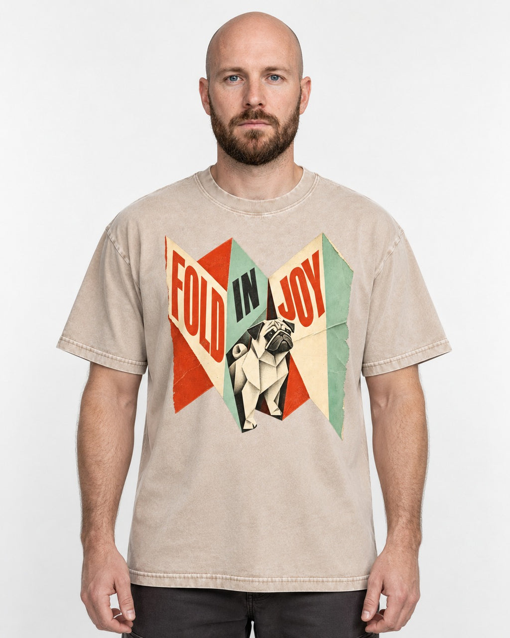 Pug Fold in Joy Geometric Poster Graphic Washed Tee in Apricot, worn by a model