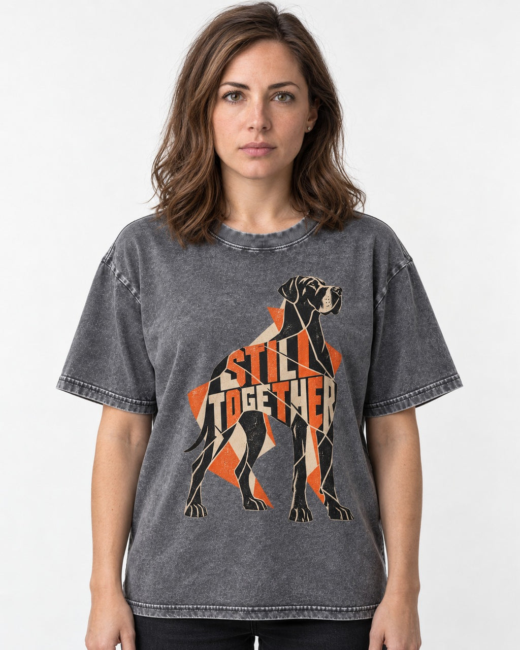 Great Dane Still Together Geometric Mosaic Graphic Washed Tee in Gray, worn by a model