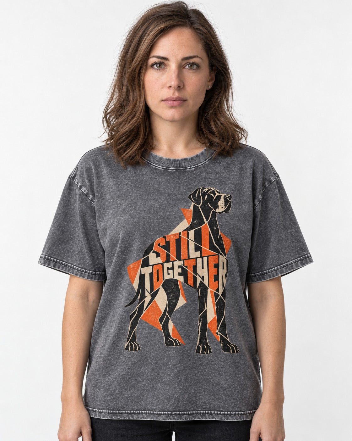 Great Dane Still Together Geometric Mosaic Graphic Washed Tee in Gray, worn by a model
