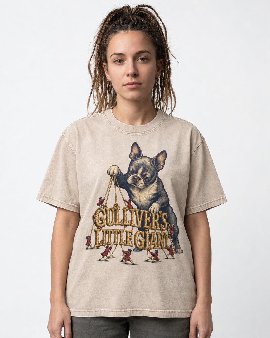 Boston Terrier Gulliver’s Little Giant Washed Tee in Apricot, worn by a model