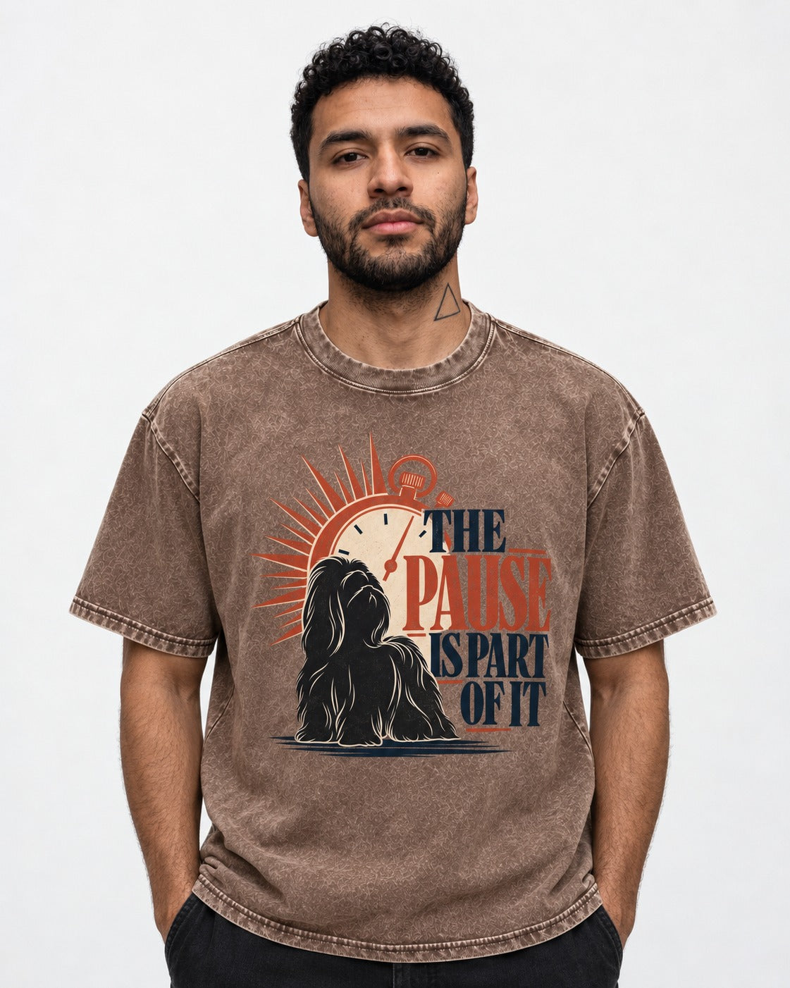 The Shih Tzu Pause Washed Tee in Coffee, worn by a model