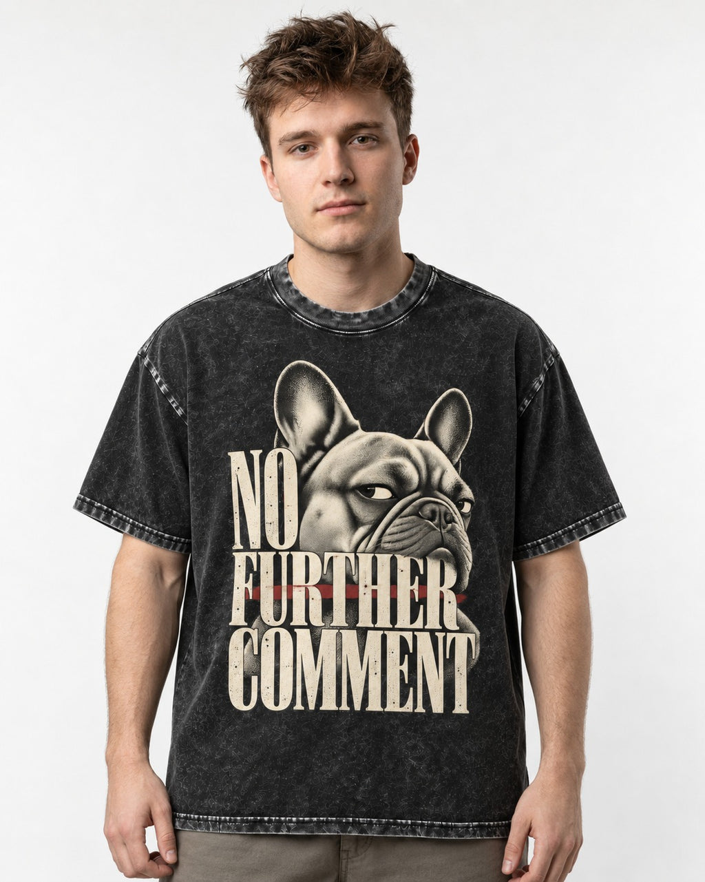 Frenchie No Further Comment Side Eye Graphic Washed Tee in Black, worn by a model