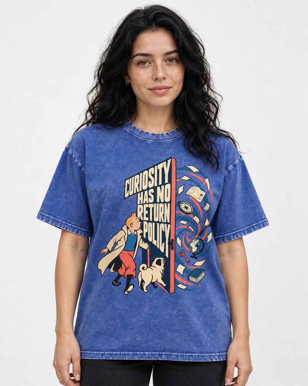 Pug Curiosity Has No Return Policy Portal Graphic Washed Tee in Royal Blue, worn by a model