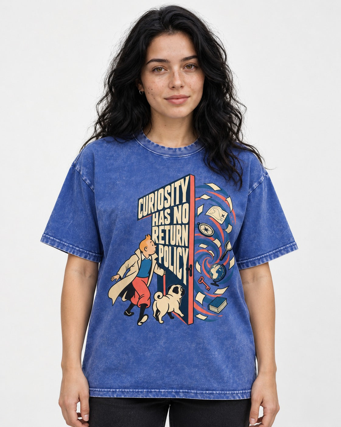 Pug Curiosity Has No Return Policy Portal Graphic Washed Tee in Royal Blue, worn by a model
