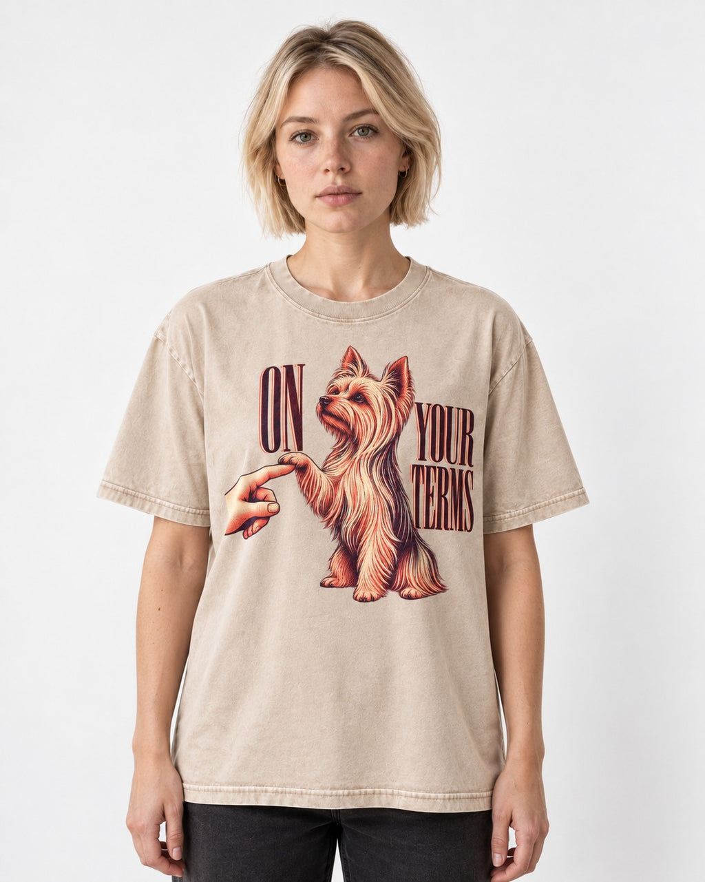 Yorkshire Terrier On Your Terms Washed Tee in Apricot, worn by a model