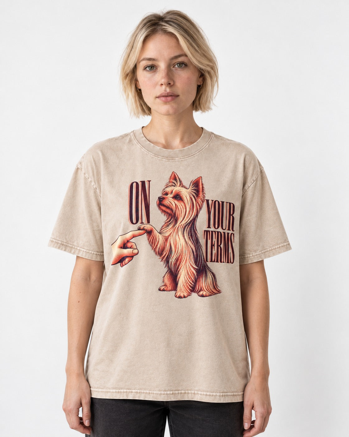 Yorkshire Terrier On Your Terms Washed Tee in Apricot, worn by a model