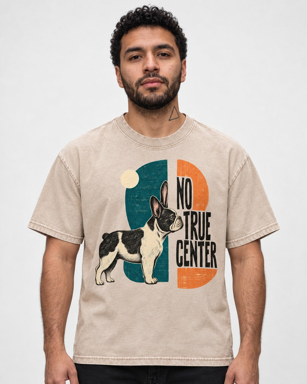 No True Center Frenchie Washed Tee in Apricot, worn by a model