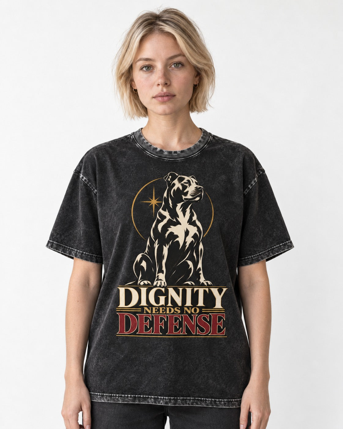 Pitbull Dignity Needs No Defense Seated Emblem Graphic Washed Tee in Black, worn by a model
