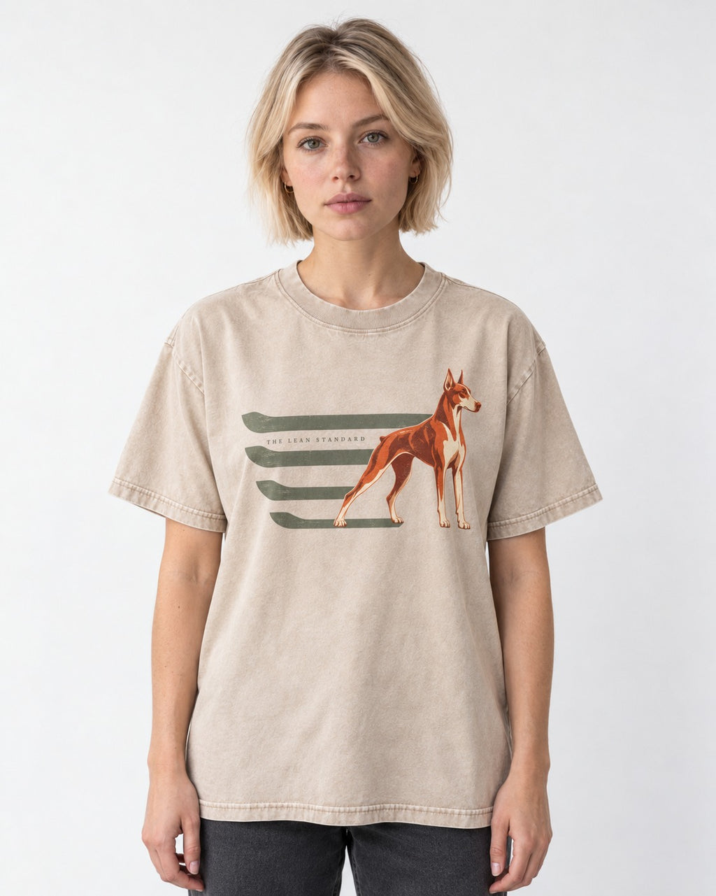 Doberman The Lean Standard Speed Bars Graphic Washed Tee in Apricot, worn by a model