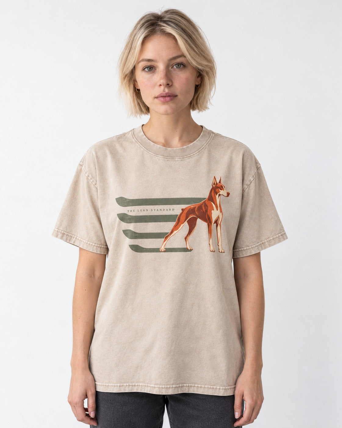 Doberman The Lean Standard Speed Bars Graphic Washed Tee in Apricot, worn by a model