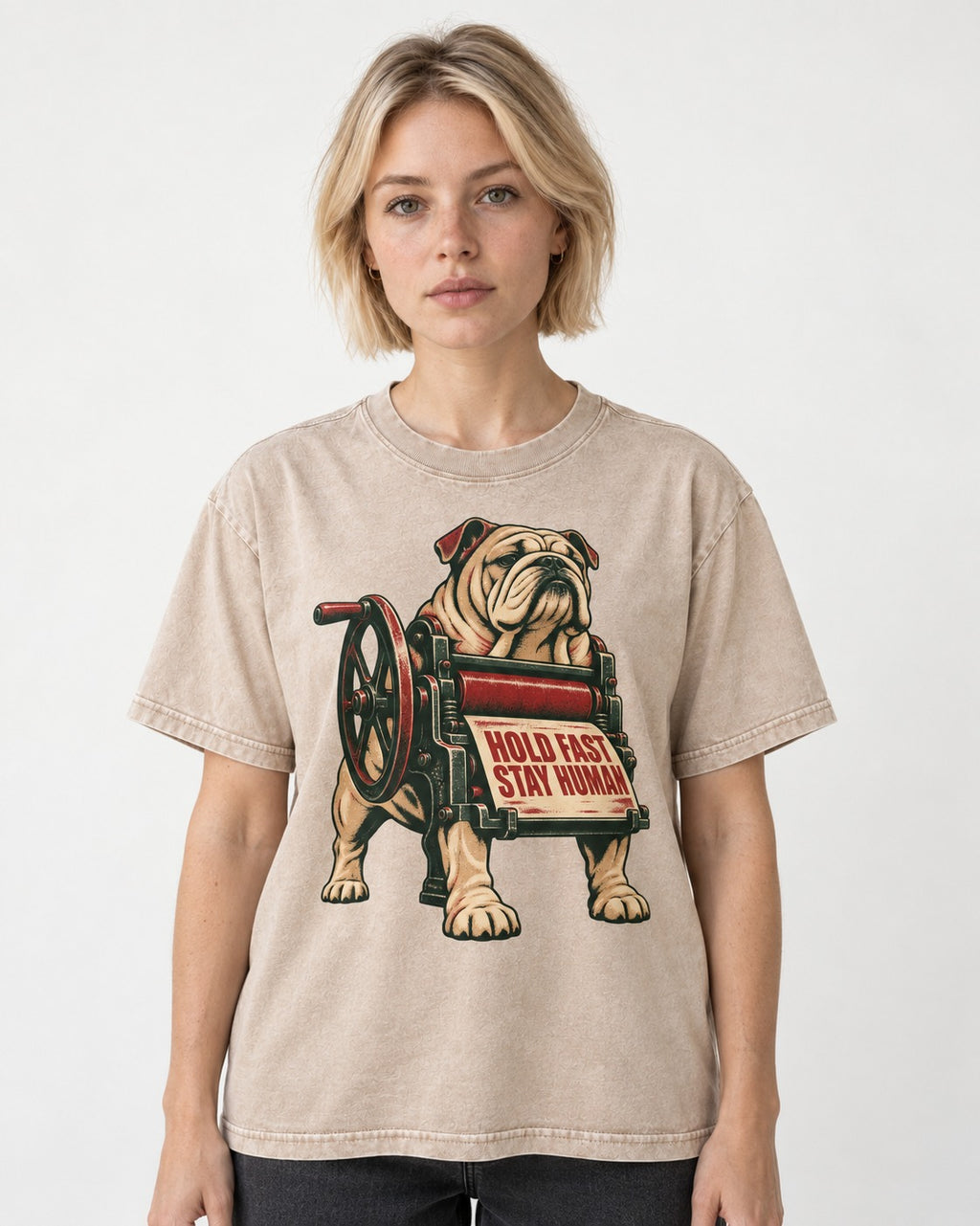 Hold Fast Stay Human English Bulldog Washed Tee in Apricot, worn by a model