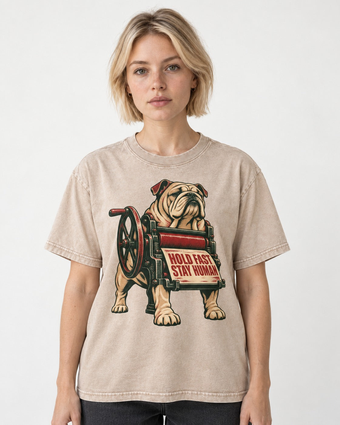 Hold Fast Stay Human English Bulldog Washed Tee in Apricot, worn by a model