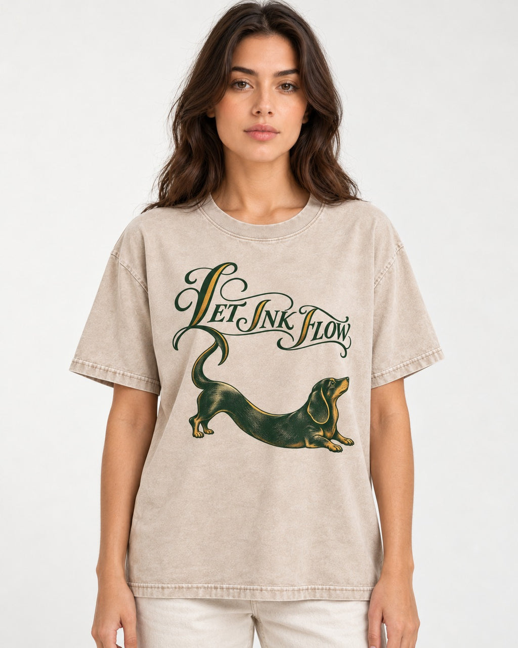 Let the Dachshund Ink Flow Washed Tee in Apricot, worn by a model