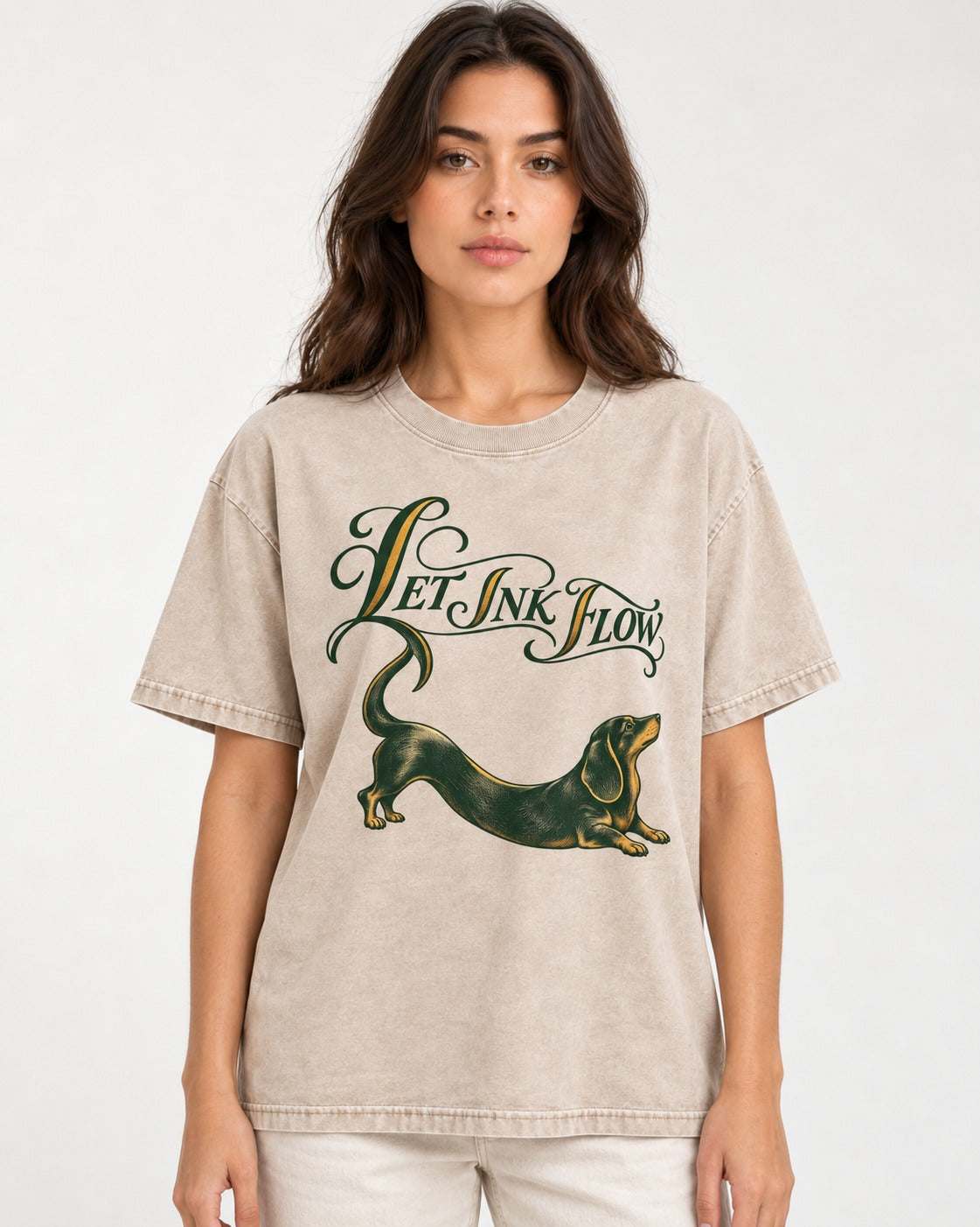 Let the Dachshund Ink Flow Washed Tee in Apricot, worn by a model