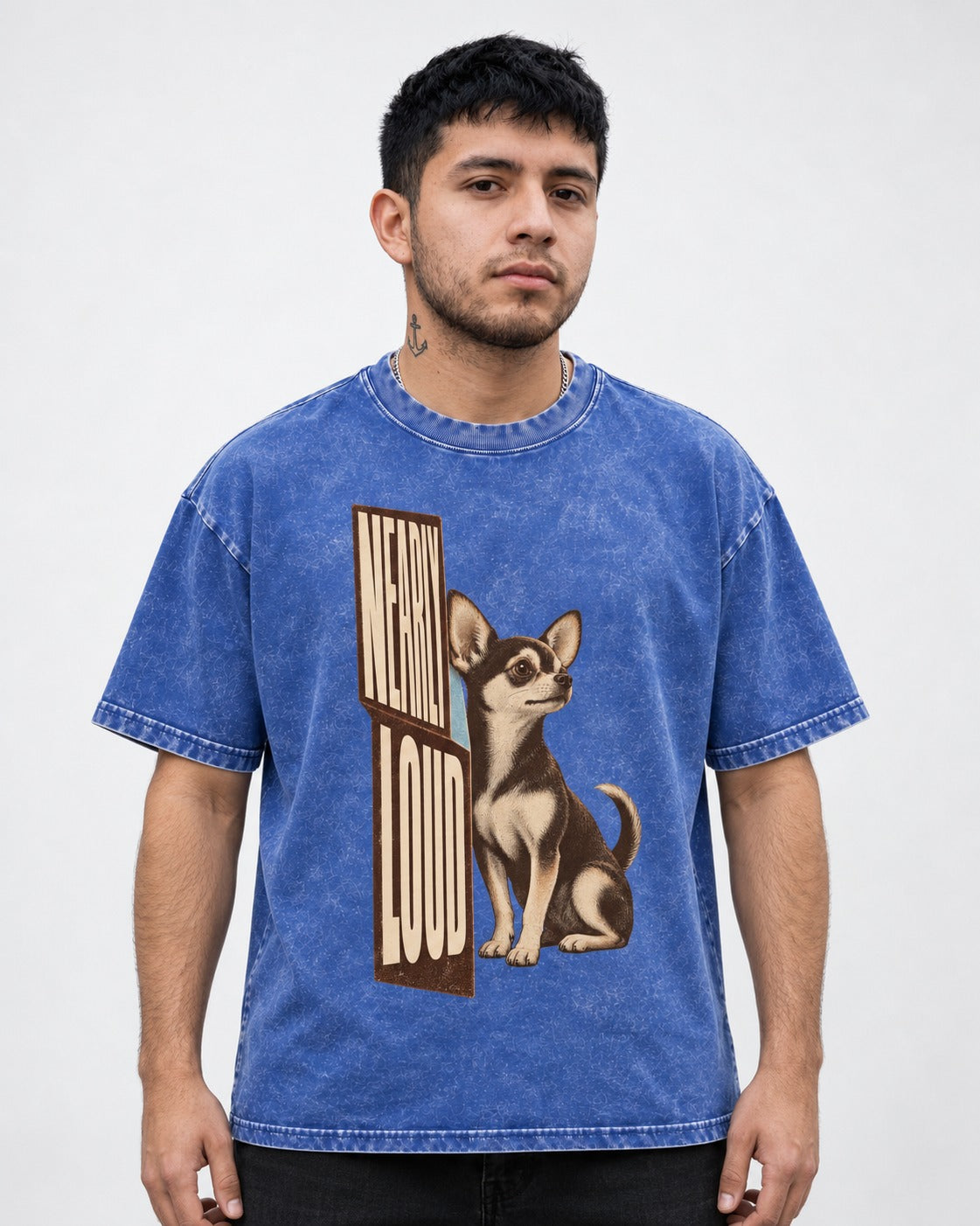 Chihuahua Never Loud Washed Tee in Royal Blue, worn by a model