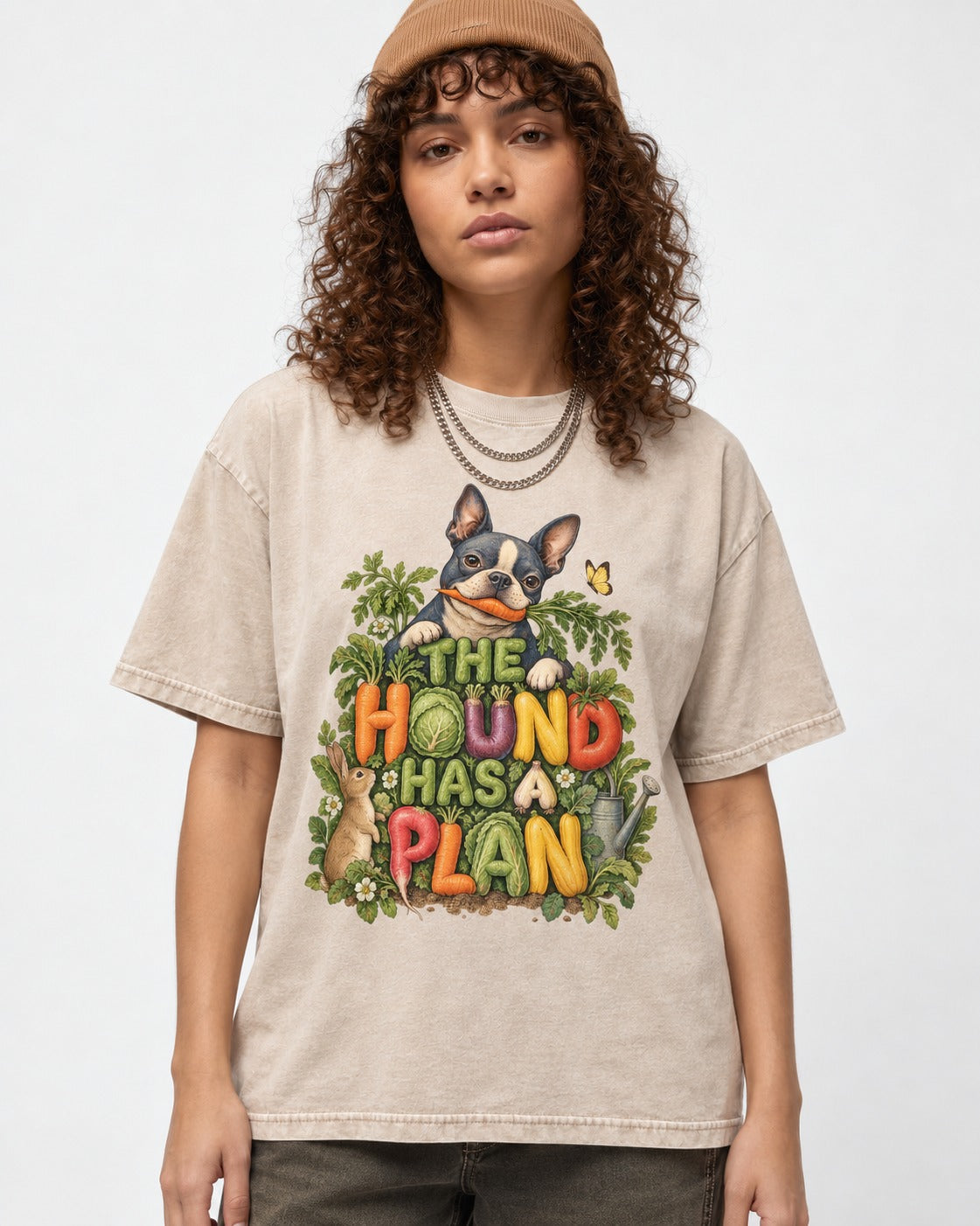 The Hound Has a Plan Boston Terrier Washed Tee in Apricot, worn by a model